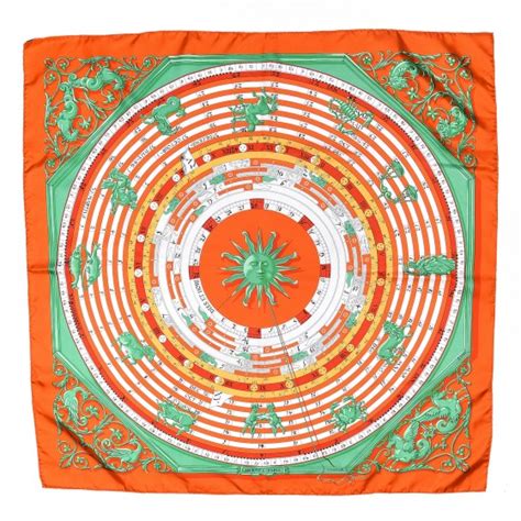 HERMES Silk Astrologie Scarf 90 Capucine Menthe Blanc